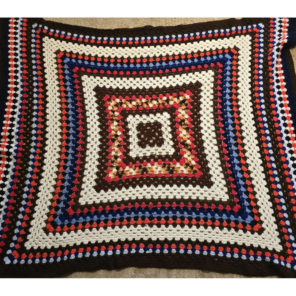 Afghan Throw Granny Square Blanket‎ Vintage Handmade Crochet 64 x 54 Cottagecore